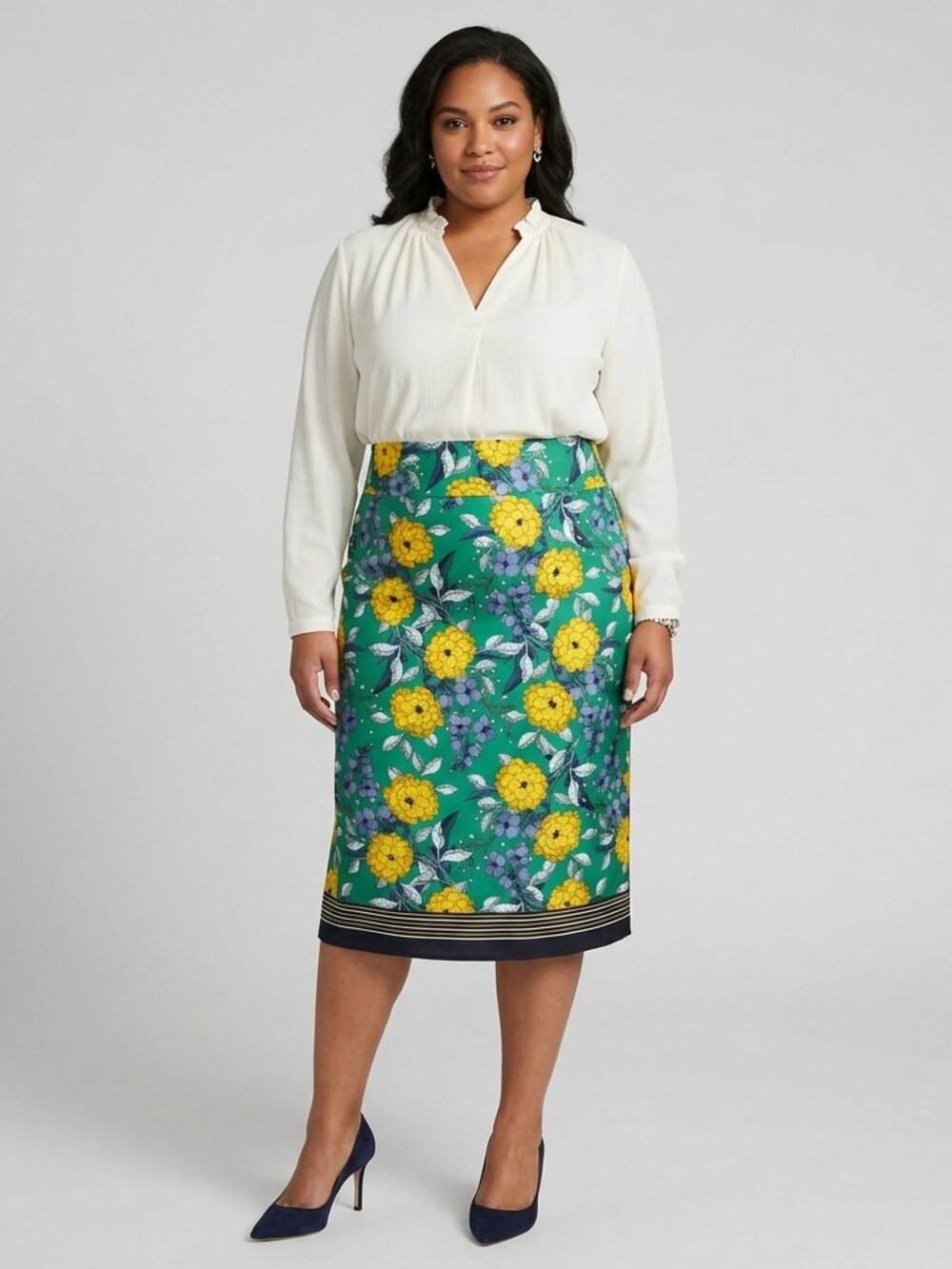 Eloquii Floral Midi Pencil Skirt Green Yellow Striped Hem Plus Size 14